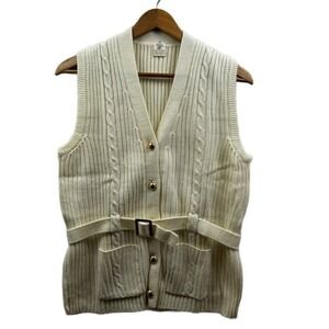 Fashion Wagon Vintage Sweater Vest Women XL Cream Belted Cable Knit Cottagecore